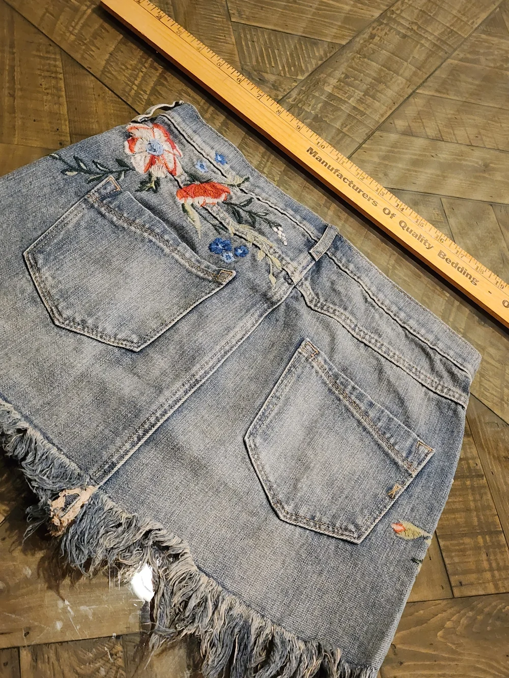 Express Embroidered Denim Fringe Mini Skirt - Light Blue